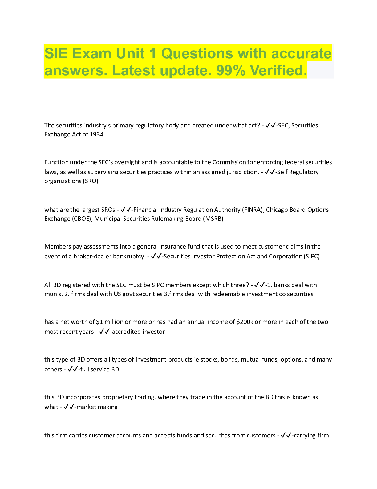 Preview image for SIE Exam Unit 1 Questions with accurate  answers. Latest update. 99% Verified.